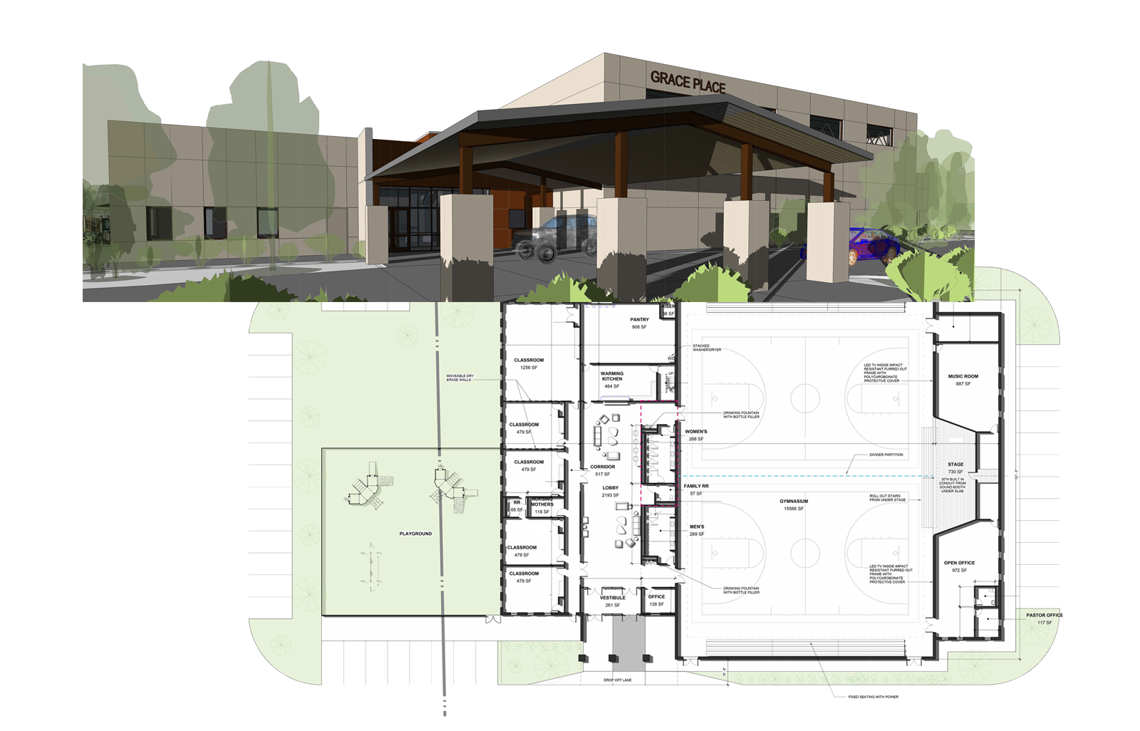 Combined image of Grace Place Community Center floor plan and rendering of front of building