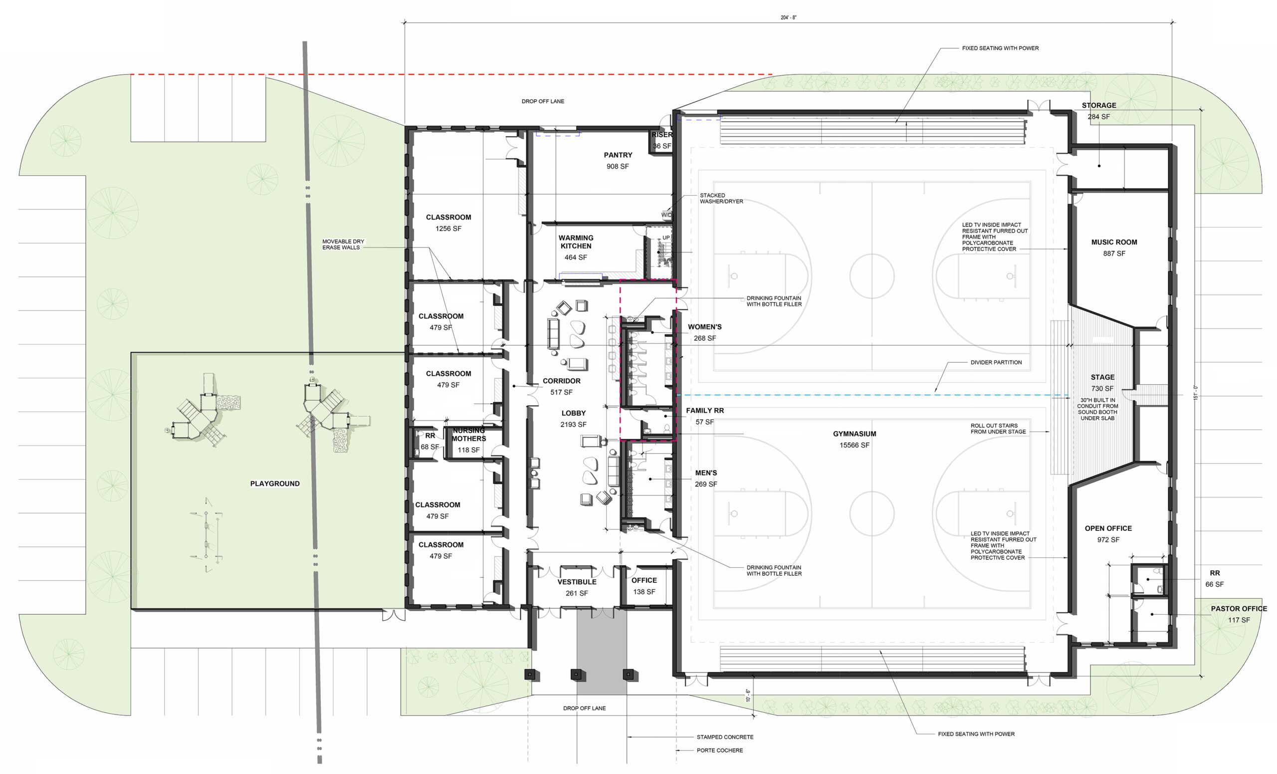 Blueprint-style floor plan of proposed Grace Place Community Center