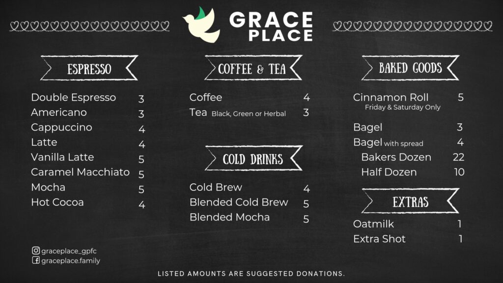 The grace Place coffee shop menu